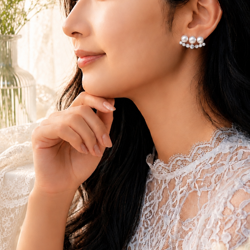 Harmony 3-Pearl Earrings /WG